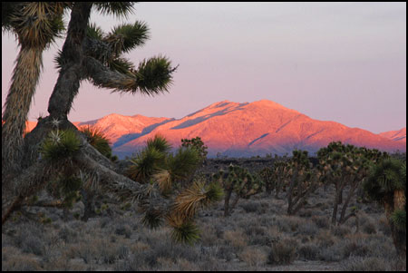 The setting sun casts light on the mountains to the north